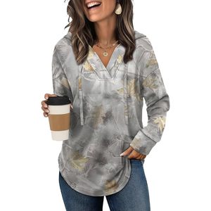 Sweat-shirt à capuche pour femmes, mode automne, sweat-shirt à manches longues avec imprimé feuilles, hauts décontractés 2XL - Product Image 1