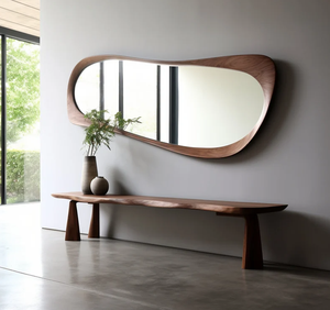 <span class=keywords><strong>Miroir</strong></span> corporel asymétrique unique avec bordure en bois courbée, sur pied, pour la maison moderne, le salon, les projets hôteliers - Product Image 3