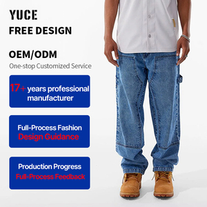 YUCE OEM Logo personnalisé Jeans vintage bleu à double épaisseur aux genoux, coupe droite, pantalon en denim de charpentier, style skater baggy années 90 pour hommes - Product Image 2