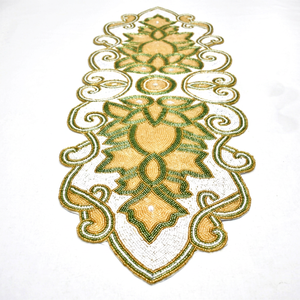 Handmade Traditional Chinese Fabric <b>Table</b> <b>Runner</b> <b>Green</b> Cream Embroidered Irregular Shape Mats Pads - Product Image 1