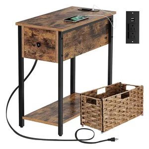 Drawer End table Table Brown Living Room Rattan Basket Bedroom Nightstand With charging station and USB
