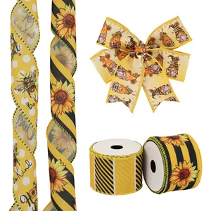 2,5 Zoll Frühjahr Sommer Tierband gelbe Streifen Gingham-Punkt Honigbiene kabelgebundenes Band zum Wickeln von Bogen Geschenk-Ornamente