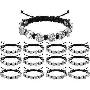 Handmade Braided Black Rope Alloy <b>Bracelet</b> With Cross Charms Adjustable Gift Jewelry Set - Product Image 1