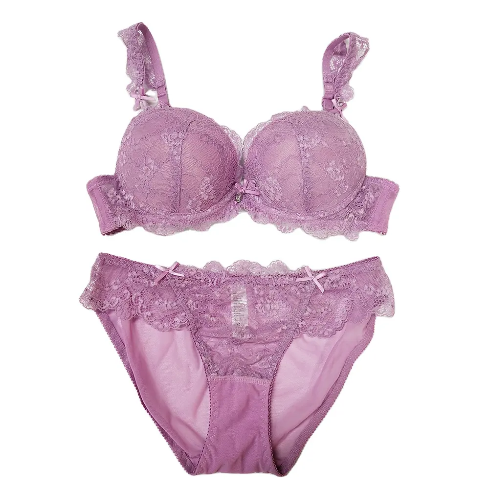 Conjunto de sujetador y bragas de encaje transparente de realce, lencería sexy, color morado, de fábrica, OEM