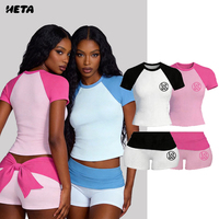 Ensemble 2 pièces d'été 2026 pour femme, couleur unie, logo personnalisable, design respirant, style mignon, nœud large, ensembles courts, OEM ODM