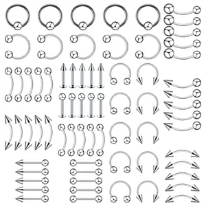 60PCS/Set Titanium Stainless Steel Piercing Jewelry Bulk Tongue Ring Eyebrow Labret Silver Nose Rings