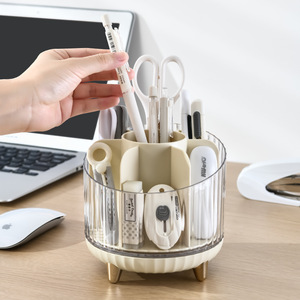 <b>Rotatable</b> Pen Holder Transparent Compartmentalized <b>Desk</b> Organizer For Student Study Pencil Storage Box 13.5x13.5x12.5cm Plastic - Product Image 2