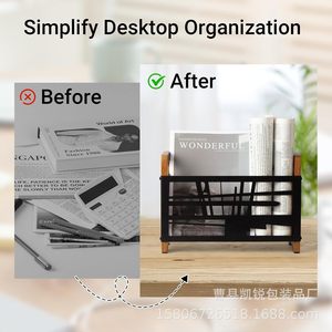 Wooden And Iron Combined Desktop <b>File</b> <b>Tray</b> For Documents Storage Single Layer Shelf Office Organizing Rack - Product Image 4