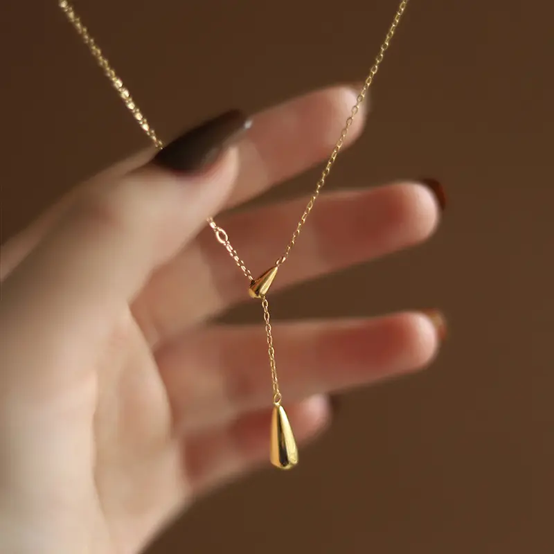 Waterdruppel Y Vorm Hanger Kettingen Kwast 18K Dubbele Waterdruppel Eenvoudige Glanzende Lange Kraag Ketting Rvs Ketting