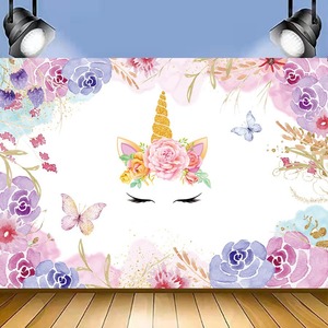 Fondo de cumpleaños de unicornio arcoíris para niña, pancarta de fiesta de unicornio con flores de acuarela coloridas y brillantes dorados, decoración de cumpleaños - Product Image 5
