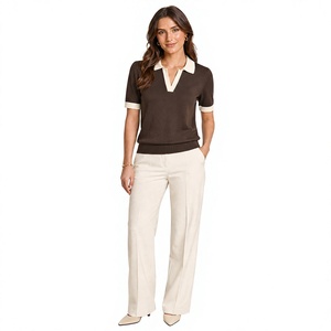 Camiseta de Punto de Algodón 100% Transpirable para Mujer, Manga Corta, Cuello en Contraste, Cuello en V, Dobladillo Acanalado, Informal, para Oficina, Verano, OEM Personalizado - Product Image 4