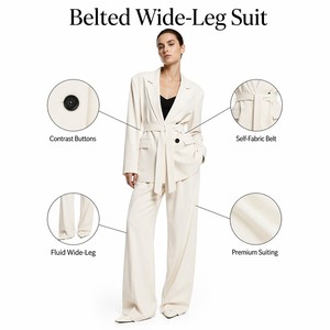 Ensemble tailleur trois pièces pour <span class=keywords><strong>femme</strong></span>, blazer oversize, <span class=keywords><strong>pantalon</strong></span> large avec ceinture, formel, ivoire, blanc cassé, sur mesure, Jinyuan - Product Image 3