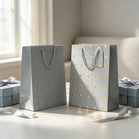 Premium Geschenktüte aus Hellgrauem Papier mit Geprägter Textur und Goldfolie, Luxuriöse Einkaufstasche mit Anhänger für Hochwertige Boutiquen