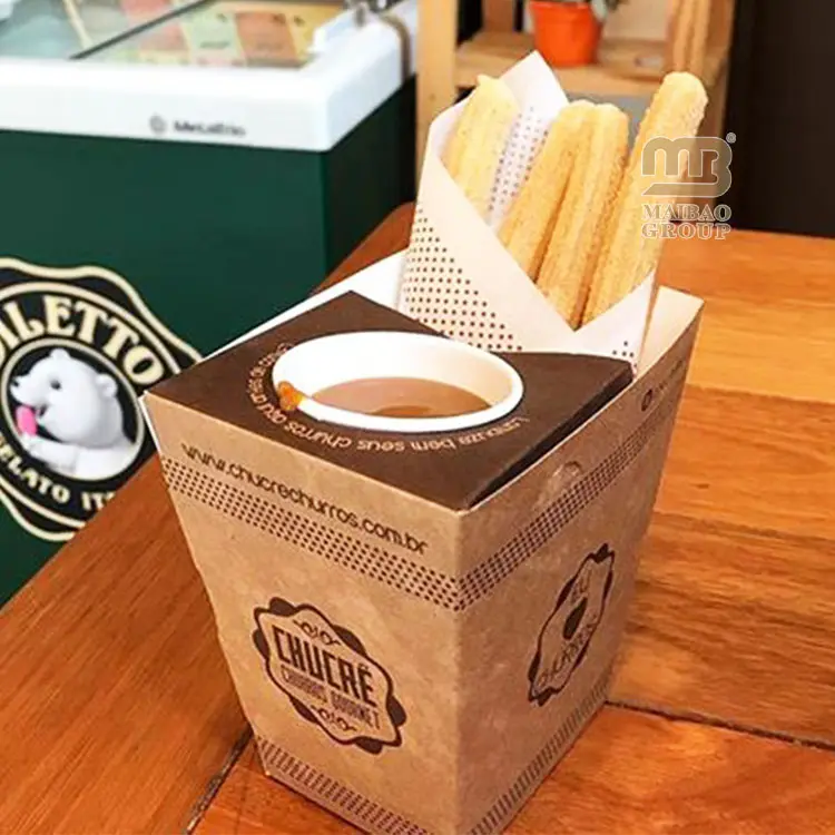 Caixa de papel descartável para fritas e churros, caixa de papel personalizada com furos para molho e cones, caixa de papel para churros