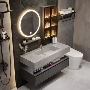 Meuble-lavabo mural moderne et luxueux avec miroir LED, évier en céramique résistant à l'eau avec égouttoir en acier inoxydable pour hôtel - Product Image 1