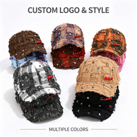Casquette de baseball à carreaux à bords bruts, ornée de diamants sertis à la main, avec pompon, tendance mode féminine, protection solaire, personnalisable