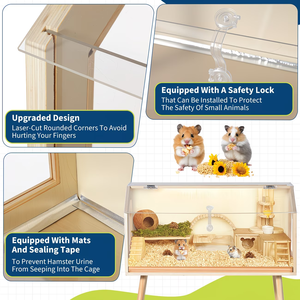 <span class=keywords><strong>Cage</strong></span> en bois naturel pour hamster, habitat intérieur pour petits animaux avec fenêtre en acrylique et dessus ouvrable. - Product Image 2