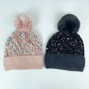 Vente chaude BAS quantité minimale de commande OEM ODM <span class=keywords><strong>Bonnet</strong></span> Automne Hiver <span class=keywords><strong>Femme</strong></span> Couleur Unie Paillettes En Peluche Tricot Amovible Pompon Chaud <span class=keywords><strong>Bonnet</strong></span> Hiver - Product Image 6
