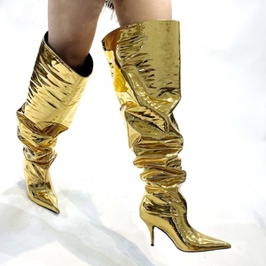 Fashion Trend Loose Pleated Upper <b>Shoes</b> Thin High Heels Pointed Toe Metallic Long Boots Women's Wide Fit Knee High Booties - Product Image 6