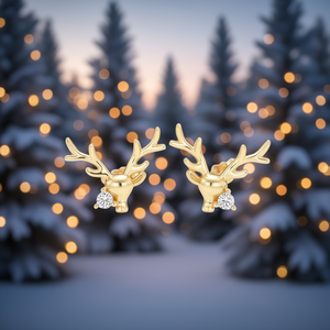 Pendientes de Oro Sólido de 18K con Diseño de Ciervo Dorado, Engaste de Garra con Diamantes Redondos, Joyería Unisex para Uso Diario - Product Image 2