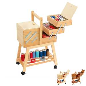 Carrello da Cucito in Legno con Ruote e Ripiano Portaoggetti 34x23x57 Cm, 3 Livelli, Cesto con Apertura a Cerniera - Product Image 1