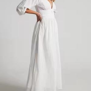 Nouvelle Robe Longue Décontractée Blanche en Coton et Lin pour Femme, Col en V, Dos Nu, Élégante, Personnalisable avec Logo, Collection Été 2025 - Product Image 3
