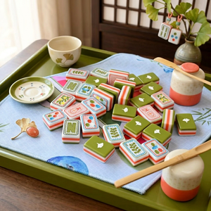 Mahjong Americano Botanico con Pappagalli, Ginkgo, Fiori Selvatici e Uccelli Colorati, a Quattro Strati in Acrilico, Verde Arancione a Righe, per Uccellini Carini - Product Image 5
