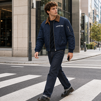 Blouson Bomber Homme Bleu Marine Col en Velours Côtelé Lavé Brodé Épais Streetwear Décontracté – Vente en Gros