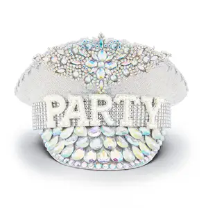 Halloween Sparkling Silver Party Hat Unique Bridal Cap Rhinestone Captain Hat for Party Rave Costume Accessory