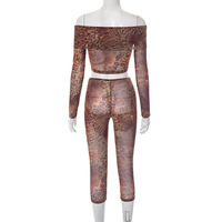 Ensemble d'été 2 pièces Sexy Leopard Print Mesh Off Shoulder Crop Top Cropped Pants Women Matching Sets
