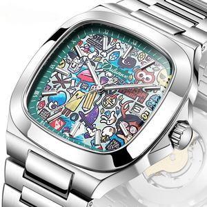 Montre carrée pour homme tendance, en acier inoxydable, alliage, étanche 30 m, automatique, mécanique, cadran à aiguilles - Product Image 1