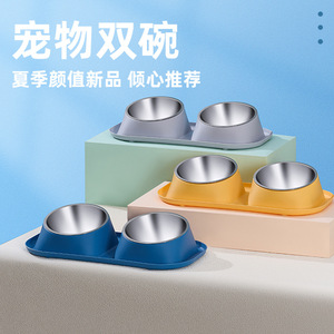 Bols doubles en acier inoxydable pour chats, design ovale antidérapant, grande capacité, ensemble d'alimentation pour animaux de compagnie - Product Image 4