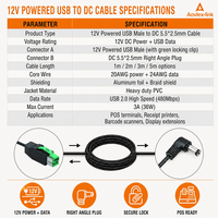 Cable USB con Conector en Ángulo Recto de 5.5*2.5 mm a CC de 12V para Sistemas POS