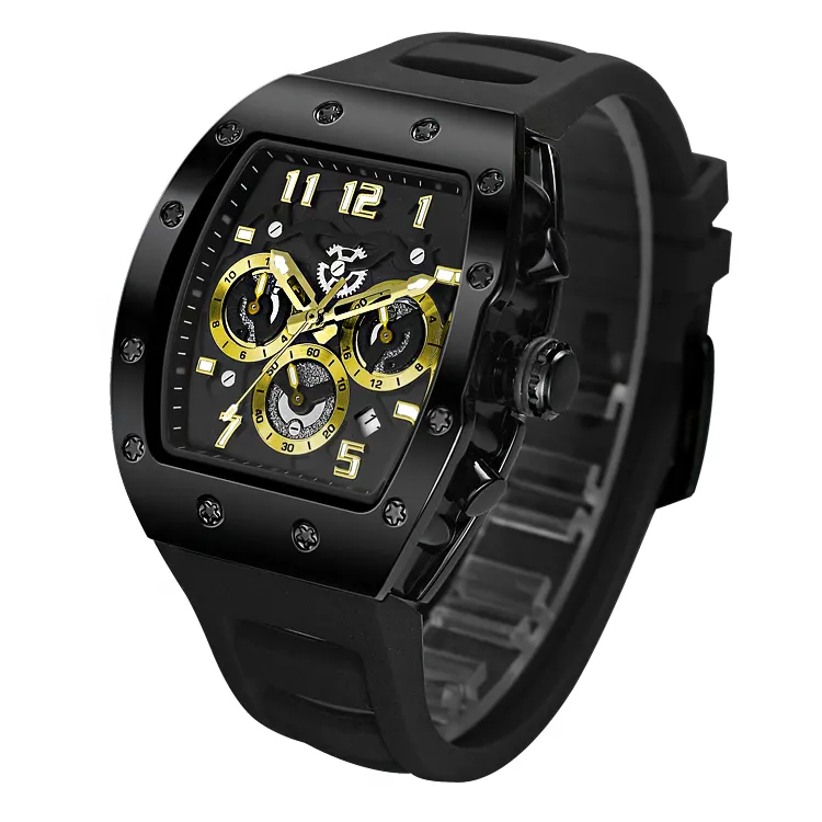 Luxury Sports Men's Mechanical Watch Three Sides Chronograph Luminous Watch Skeleton Gold Alloy Watch