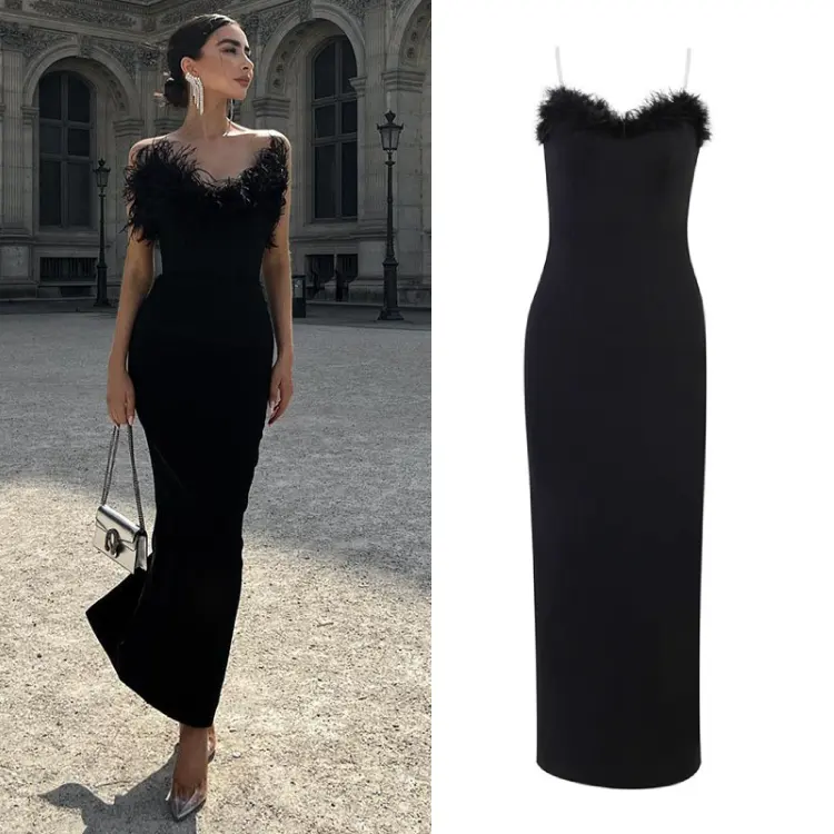 Zarif klasik kadın Vestidos tüy tasarım elbiseler 2023 parti balo kulübü Bodycon siyah uzun Maxi abiye