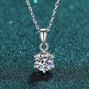 925 Sterling Silver Necklace For Women 1 Carat Mosan Stone 6 Claw Pendant Necklace Simulated Diamond Collarbone Chain