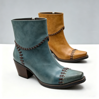Bottines Western en Cuir pour Femmes avec Talons, Mini Décorations Métalliques et Fermeture Éclair Latérale