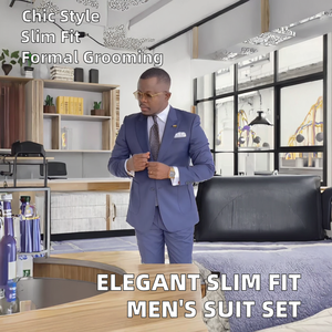 بدلة رسمية رجالية كلاسيكية بياقة مدببة وقصة ضيقة أنيقة مكونة من قطعتين مع بنطلون للعريس وحفلات الزفاف - Product Image 2