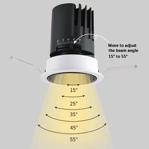 Anti glare focusing spotlight 15 to 55 degrees adjustable beam angle downlight cri>90 home hotel zoom LED downlight
