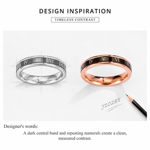 Bague en acier inoxydable couleur or rose et acrylique noir avec design de bande à chiffres romains - Product Image 5