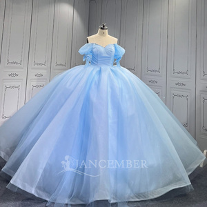 Vestido de Quinceañera Azul Cielo Largo hasta el Suelo con Escote Corazón y Cola Capilla para Fiesta de 15 Años LSMU189 - Product Image 6