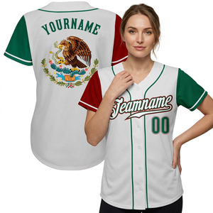 Maillot de baseball personnalisé Mexique unisexe col en V manches courtes blanc vert rouge avec impression nom et numéro de l'équipe respirant anti-humidité - Product Image 4