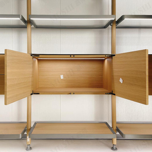 Gabinete de cajón de madera de decoración moderna universitaria, estantes de vidrio inclinados, poste redondo de acero dorado, estantes para libros colgantes de pared - Product Image 2