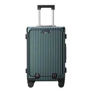 Luggage Suitcase Aluminum Laptop Front Design USB Cherge Cup Holder Carry On PC Spinner Trolley With Pocket Compartment