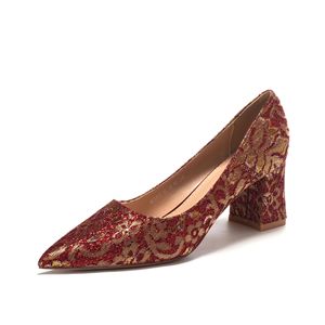 <b>Lace</b> <b>Pumps</b> Pointed Toe Block Heel High Wedding Shoes Bridal Floral Satin Lining Rhinestones 6555F - Product Image 5