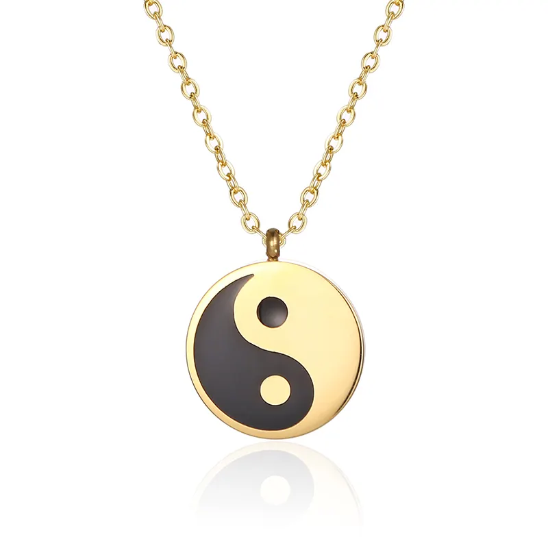 Chaud à la mode sans ternissement 18K plaqué or bijoux mode disque rond gravé Tai Chi Yin Yang symbole pendentif collier femmes filles