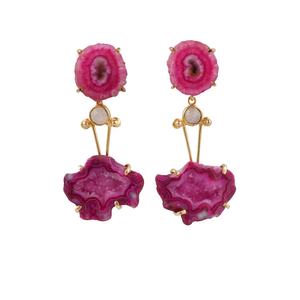 Boucles d'oreilles en or faites à la main Quartz solaire rose naturel Géode Druzy pierre précieuse en forme minuscule pour cadeau - Product Image 3