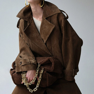 Nouveau Style Vintage Design col rabattu véritable daim vestes en <span class=keywords><strong>cuir</strong></span> <span class=keywords><strong>femme</strong></span> marron surdimensionné veste - Product Image 2