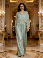 Kaftan Abaya de Luxe avec Ceinture Ornée de Perles et Strass, Robe Longue Islamique pour Soirée de l'Aïd