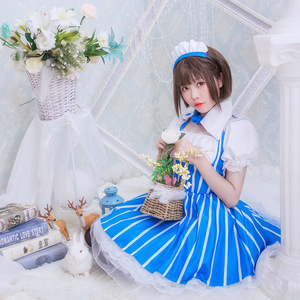 Maid Outfit Blue White Striped Dress Cosplay Costume For Anime Game Role Playing Women Adult Size One Size - Product Image 2